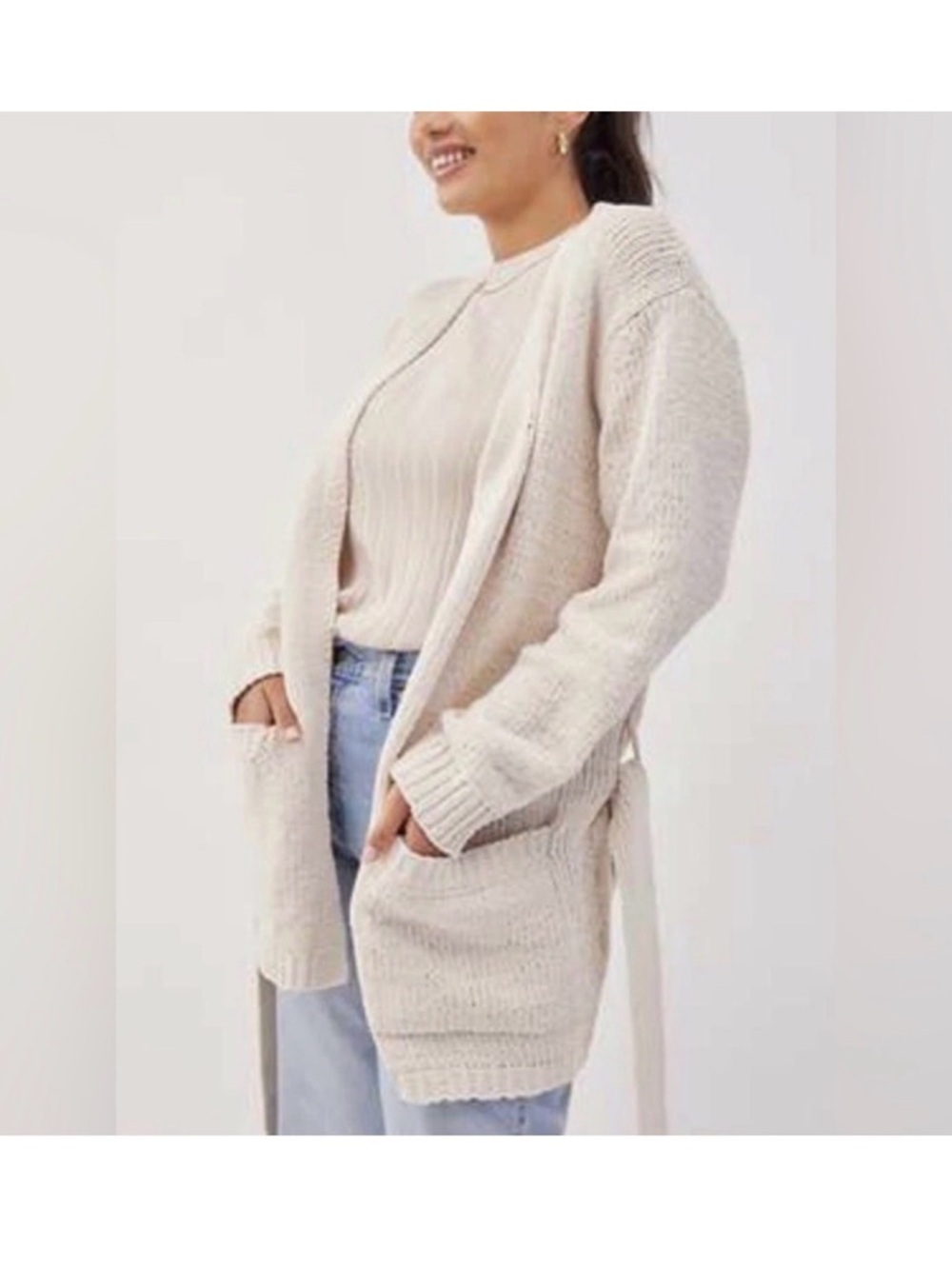 Cozy Oatmeal Beige Knit Tie Waist Cardigan Sweater Cream L/XL Plush Hygge Chic